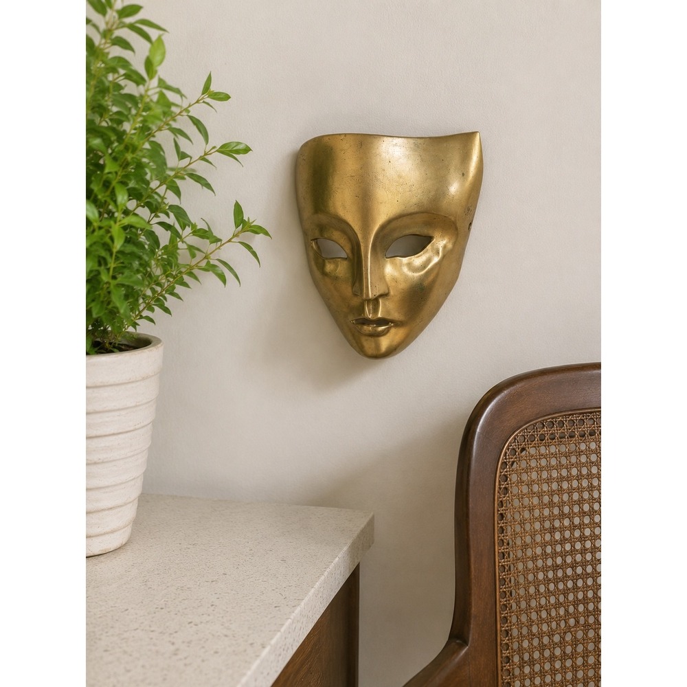 Vintage Brass Wall Mask Mid Century Modern Hollywood Regency Decorative Face Art